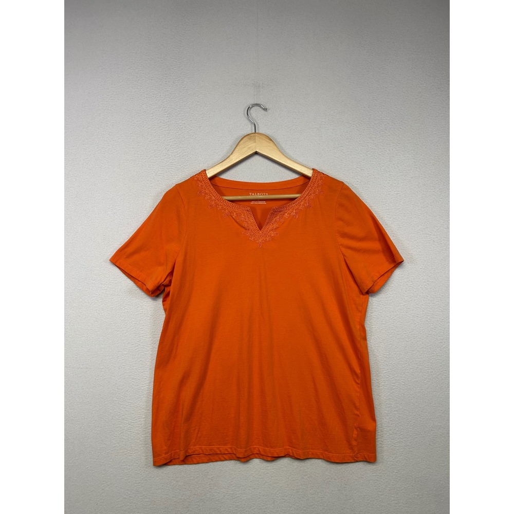 Boho Coastal Talbots Woman Size X Orange Split Neck Embroidered Cotton Tee Shirt